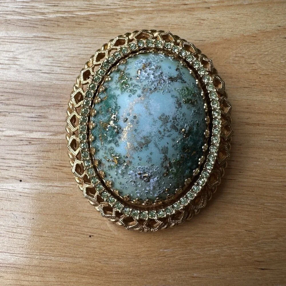 VTG DeNicola‎ Statement Brooch 2.25 Inch Green Easter Egg Cab Rhinestones Gold